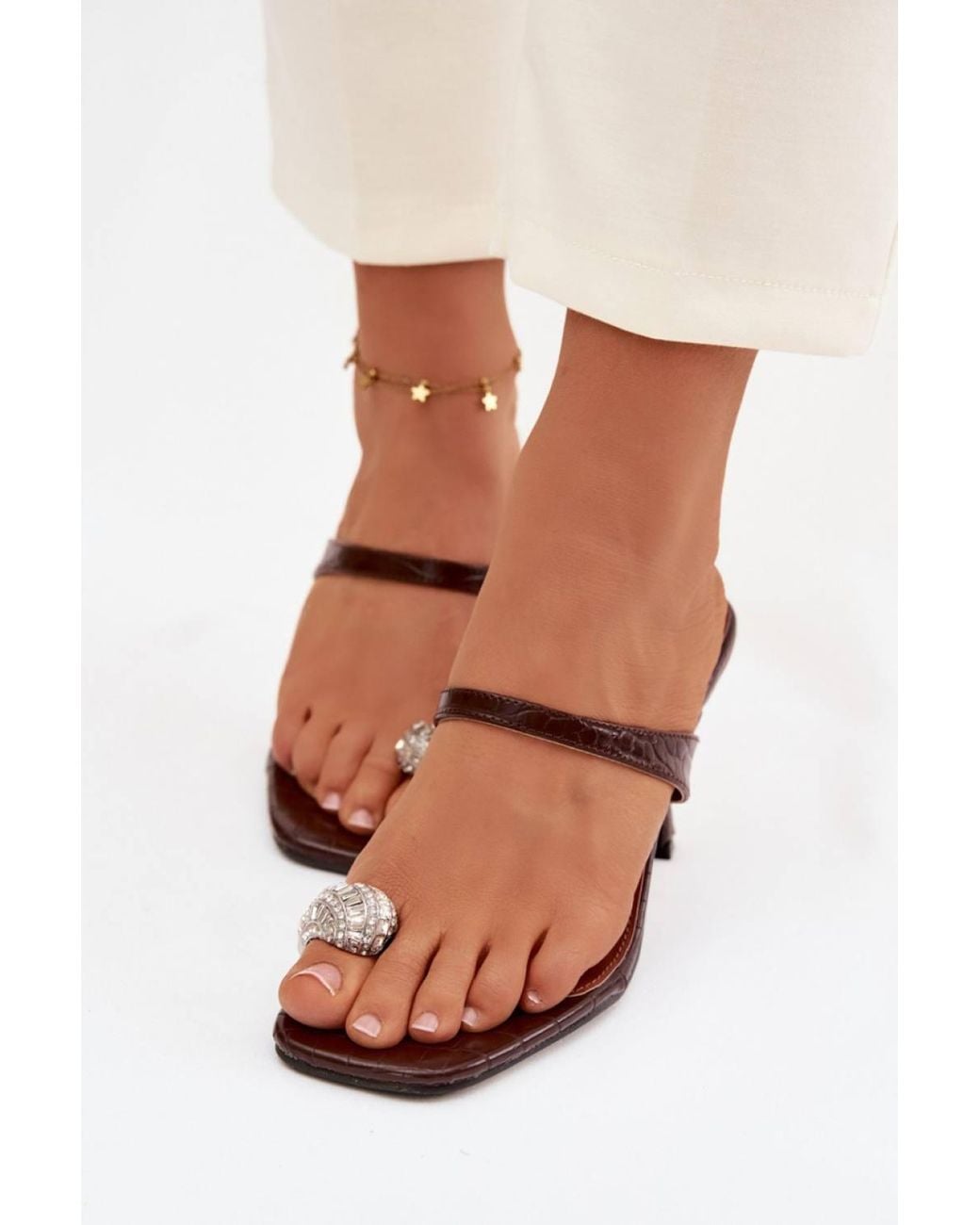 Love Lace Natural Elegant Heeled Sandals With Stiletto Heel & Jeweled Toe