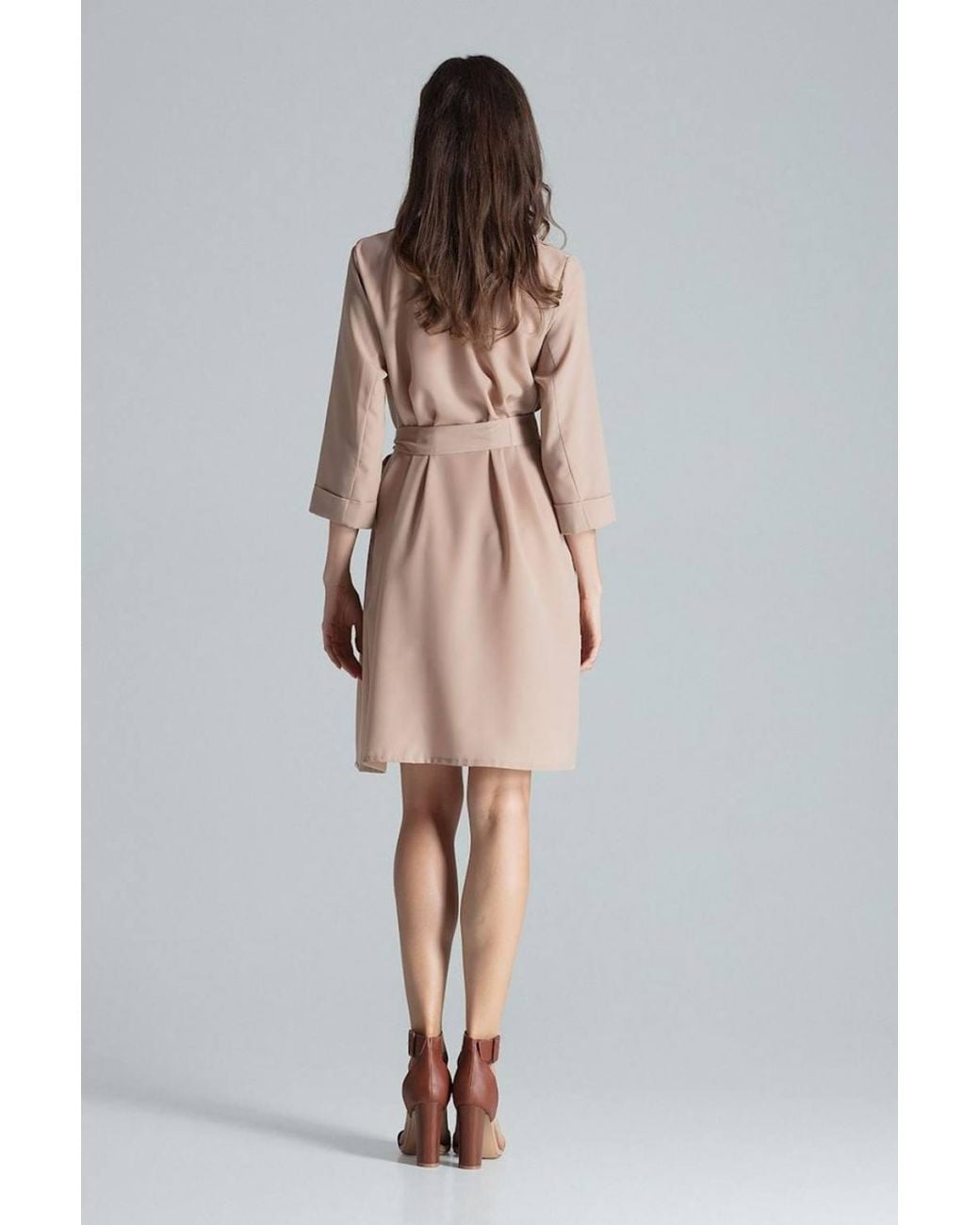 Love Lace Natural Shirt Dress With Waist Tie Collar
