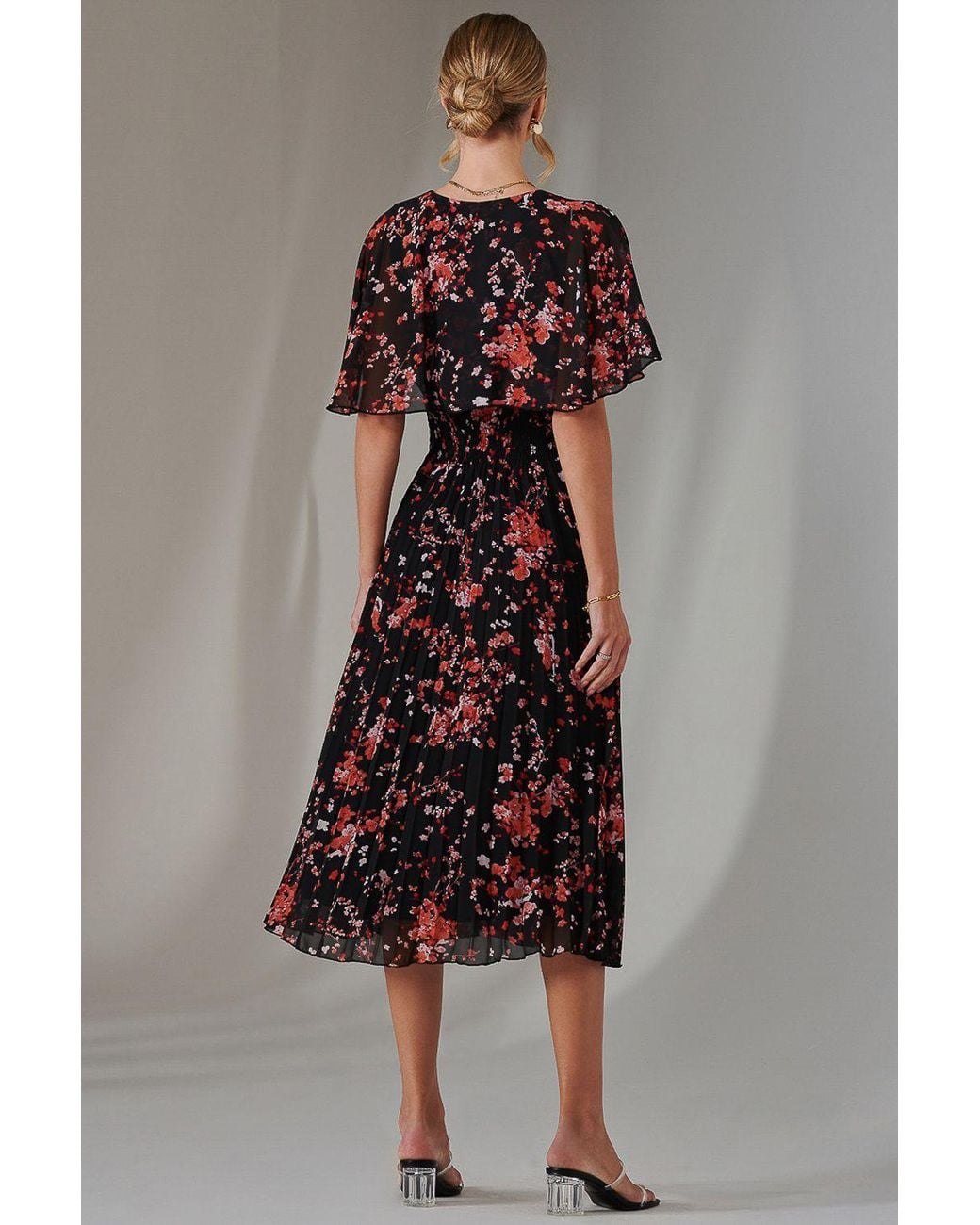 Jolie Moi Brown Floral Print Chiffon Pleated Dress