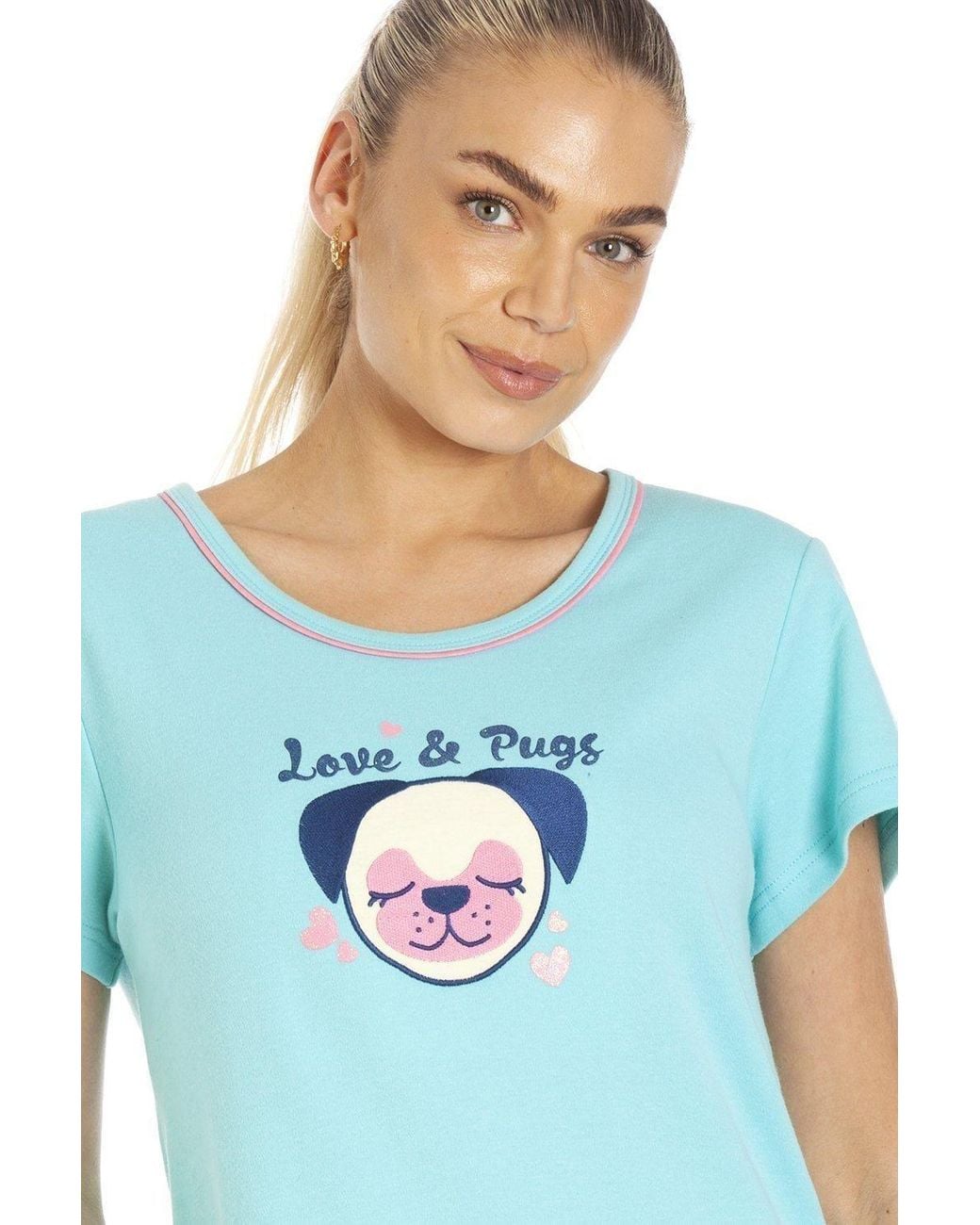 CAMILLE Blue Short Sleeve Pug Summer Nightdress