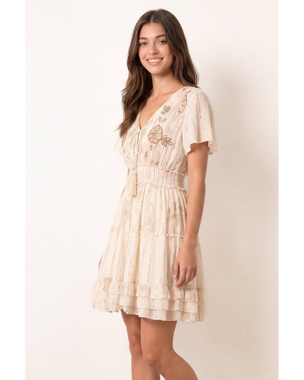 Blue Vanilla Natural Shirred Waist Short Sleeve V-Neck Mini Dress