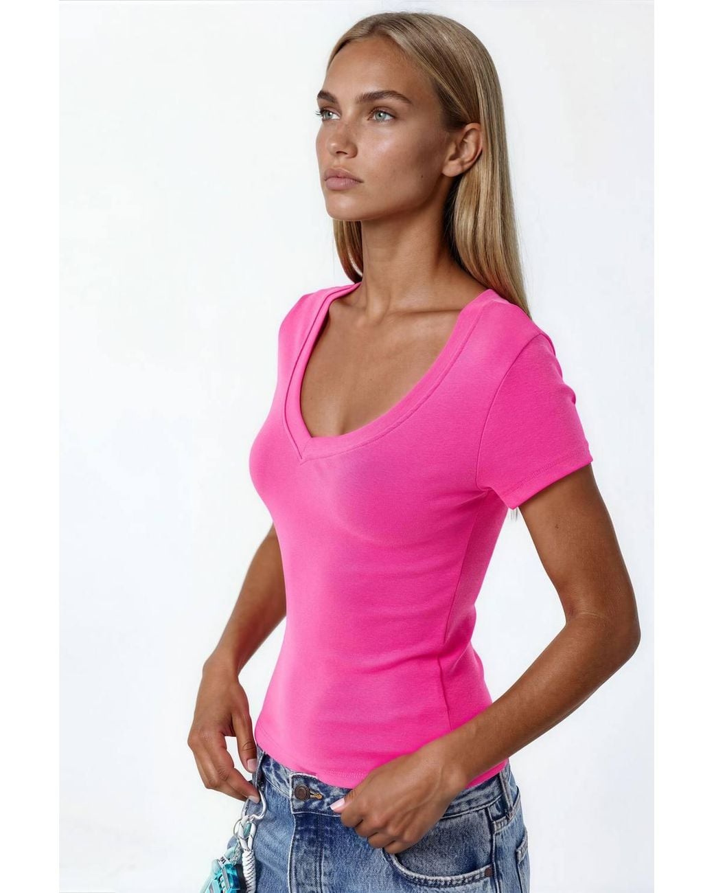 Busem Pink Elastic V-Neck Short Sleeve T-Shirt