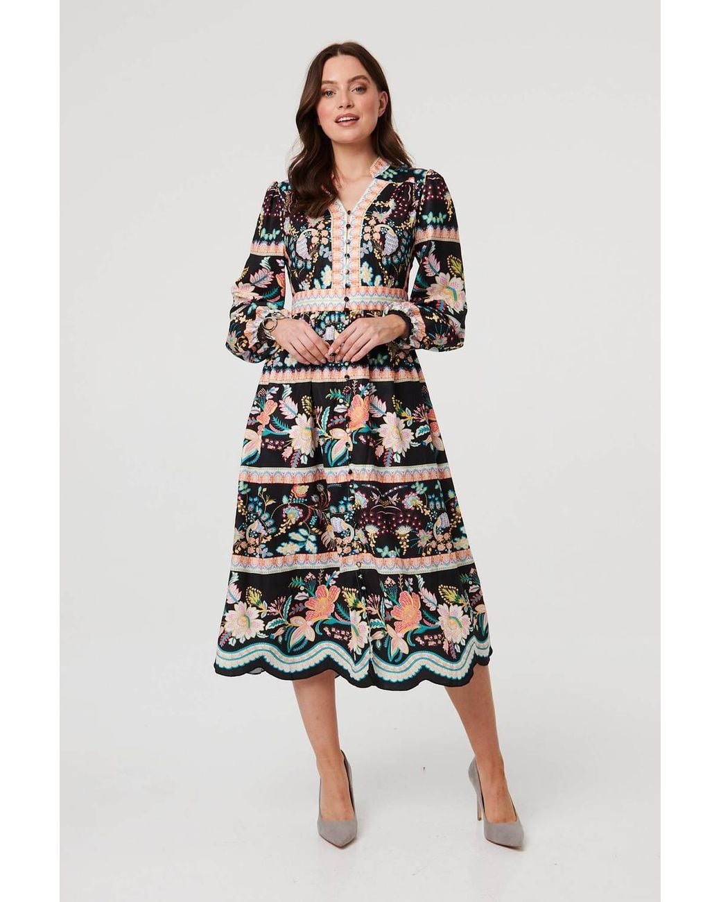 Izabel London White Floral Long Sleeve Buttoned Midi Dress