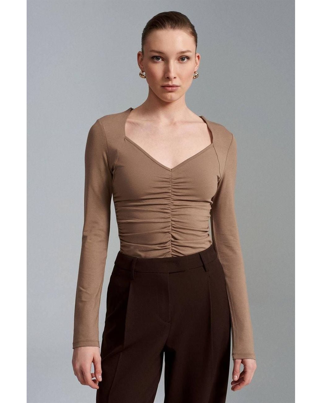 Dilvin Brown Slim Fit V-Neck Jersey Blouse