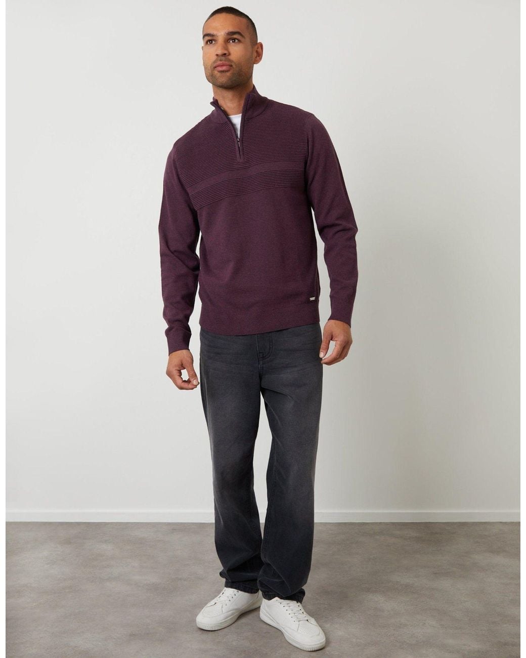 Threadbare Purple Rib Detail Knitted Quarter Zip Jumper for men