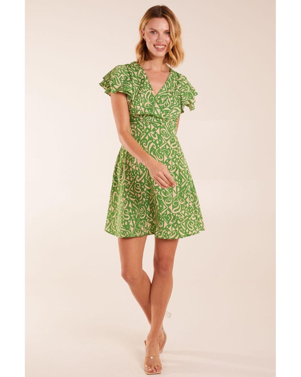 Blue Vanilla Green Aztec Wrap Ruffle Frill Sleeve Mini Dress