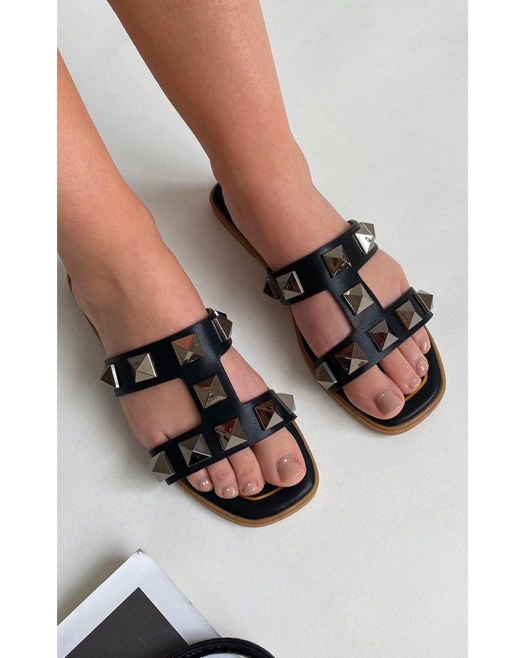IKRUSH Black Audrey Studded Slip On Sandals With Faux Leather Upper