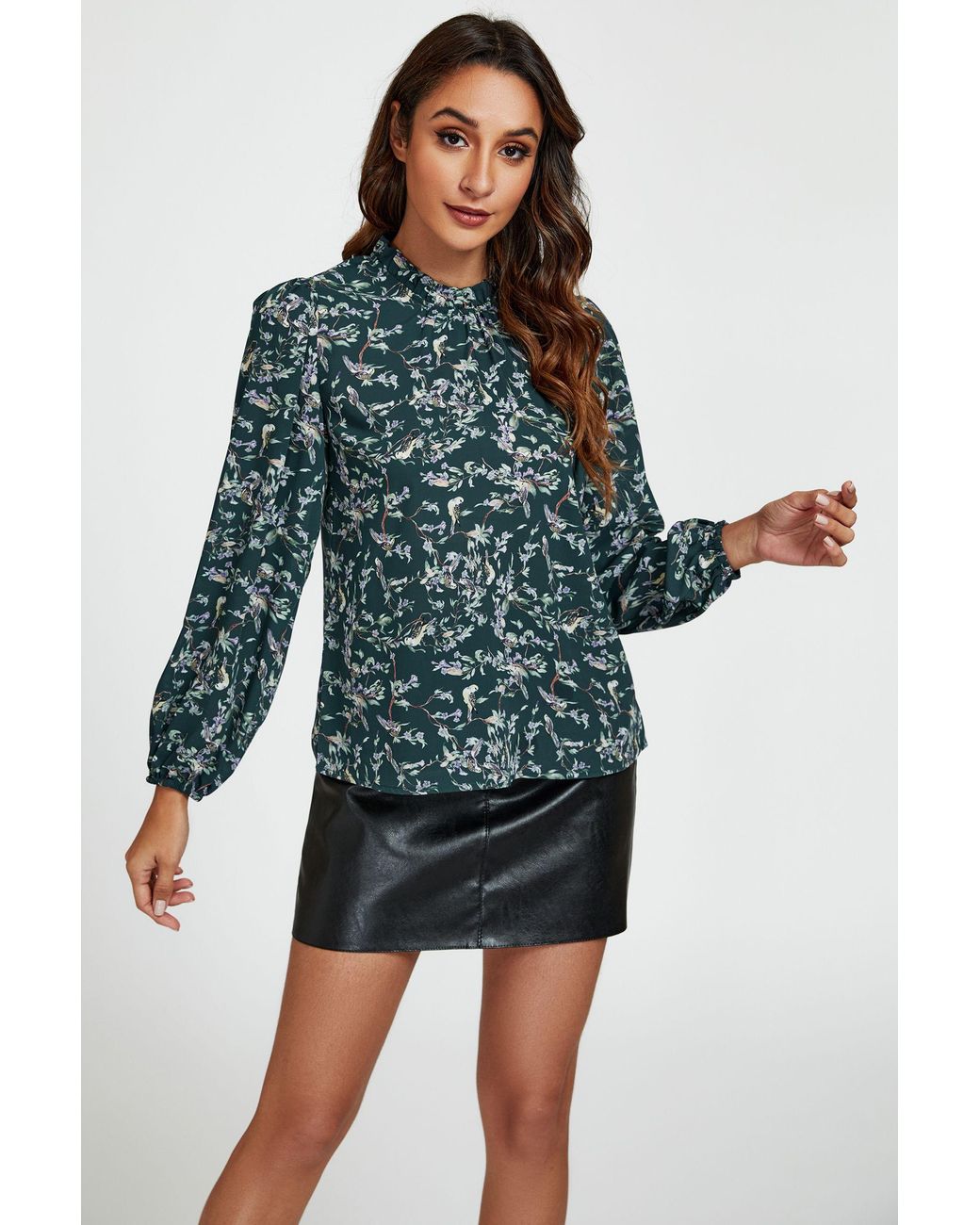 FS Collection Green Little Floral Print Frill Detail High Neck Top