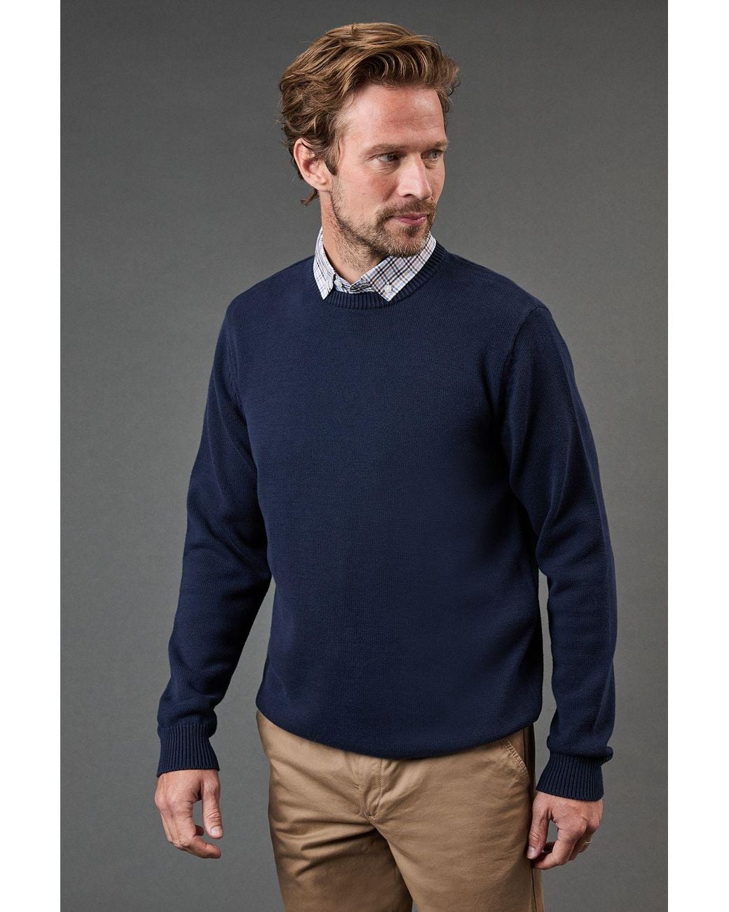 MAINE Blue Premium Pure Cotton Crew Neck Jumper for men