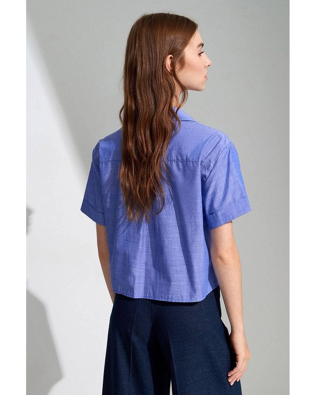 Dilvin Blue Cotton Poplin Crop Shirt