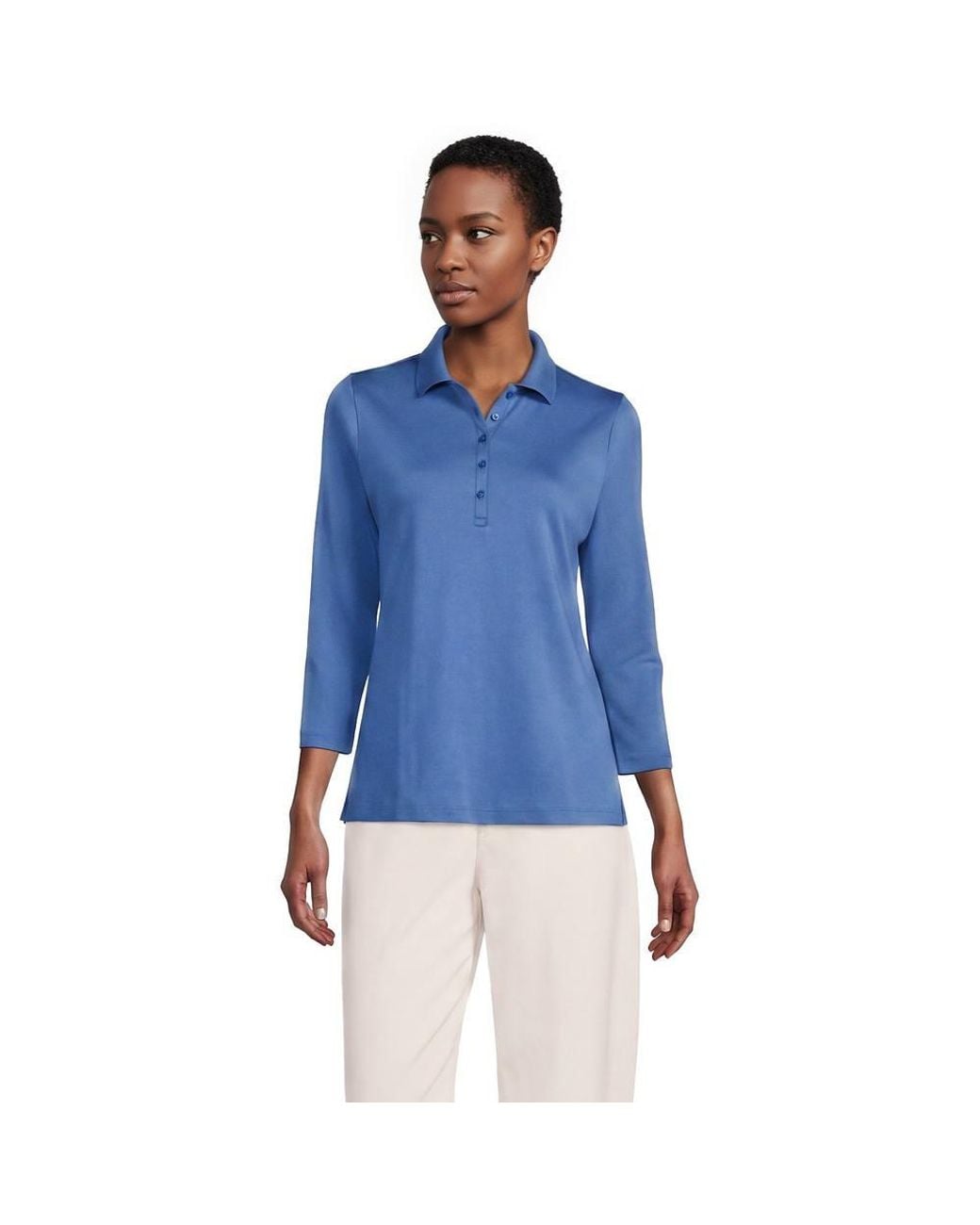 Lands' End Blue Three-Quarter Sleeve Supima Polo Shirt