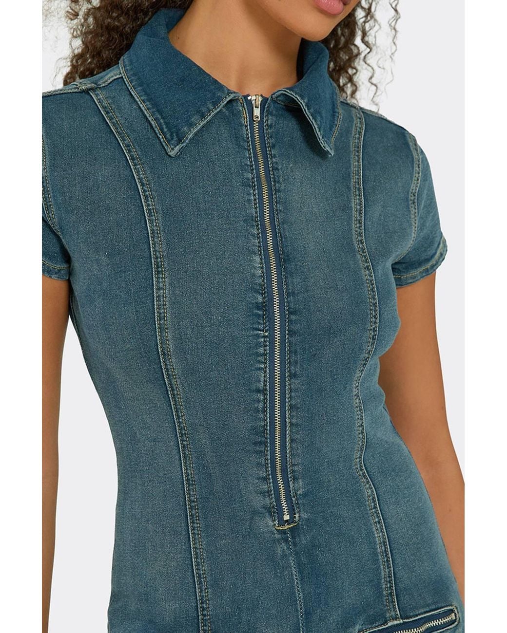 EGO Blue Fitted Short Sleeve Zip Denim Playsuit