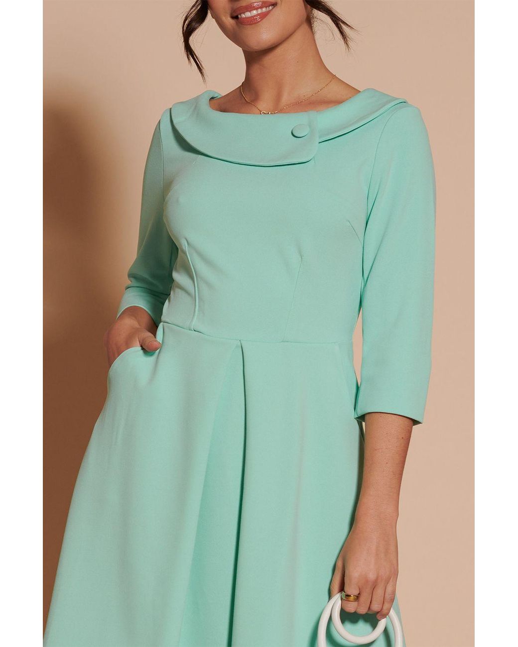 Jolie Moi Green 3/4 Sleeve Fold Neck Midi Dress