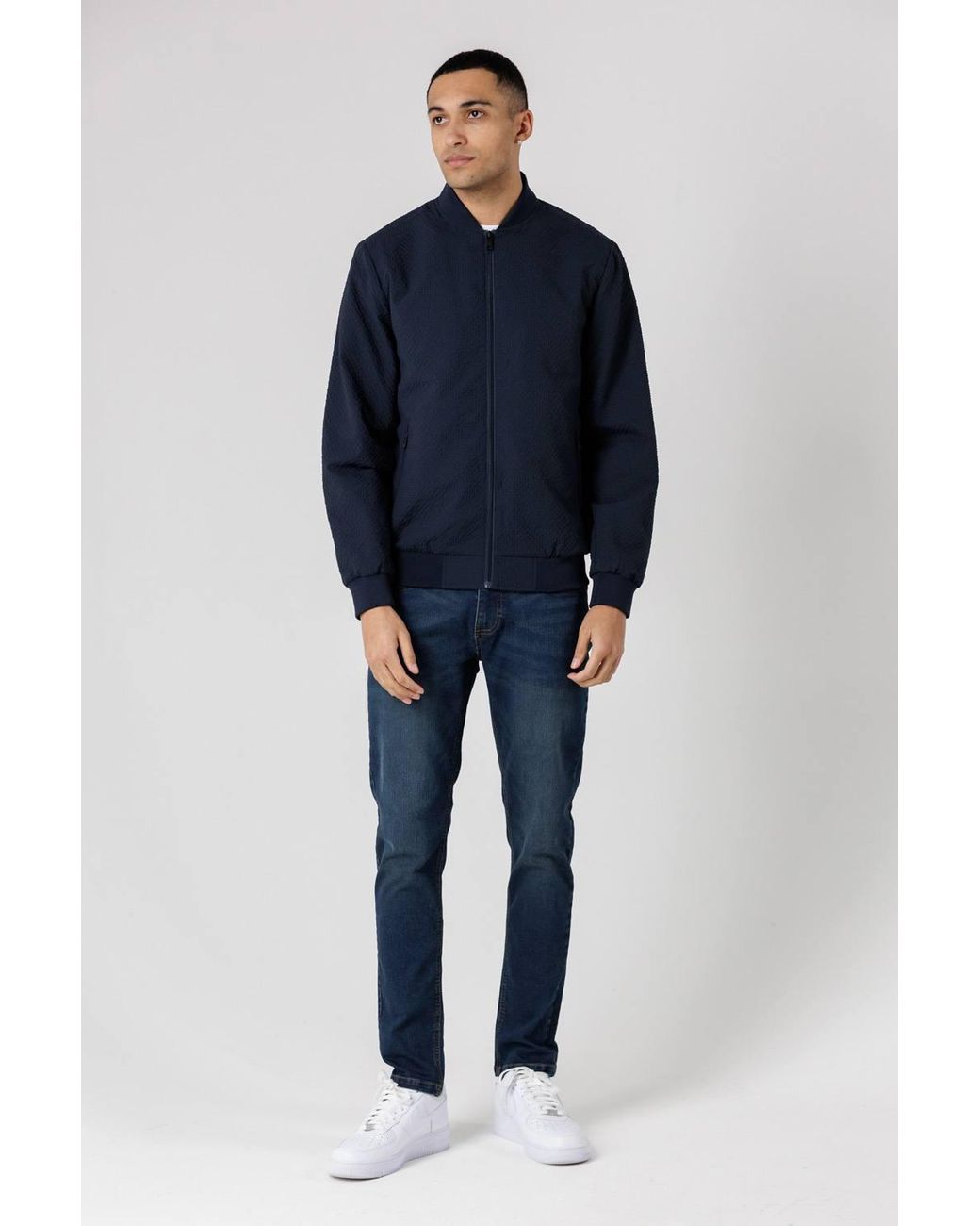 Tokyo Laundry Blue Seersucker Bomber Jacket With Zip-Up & Side Pockets for men