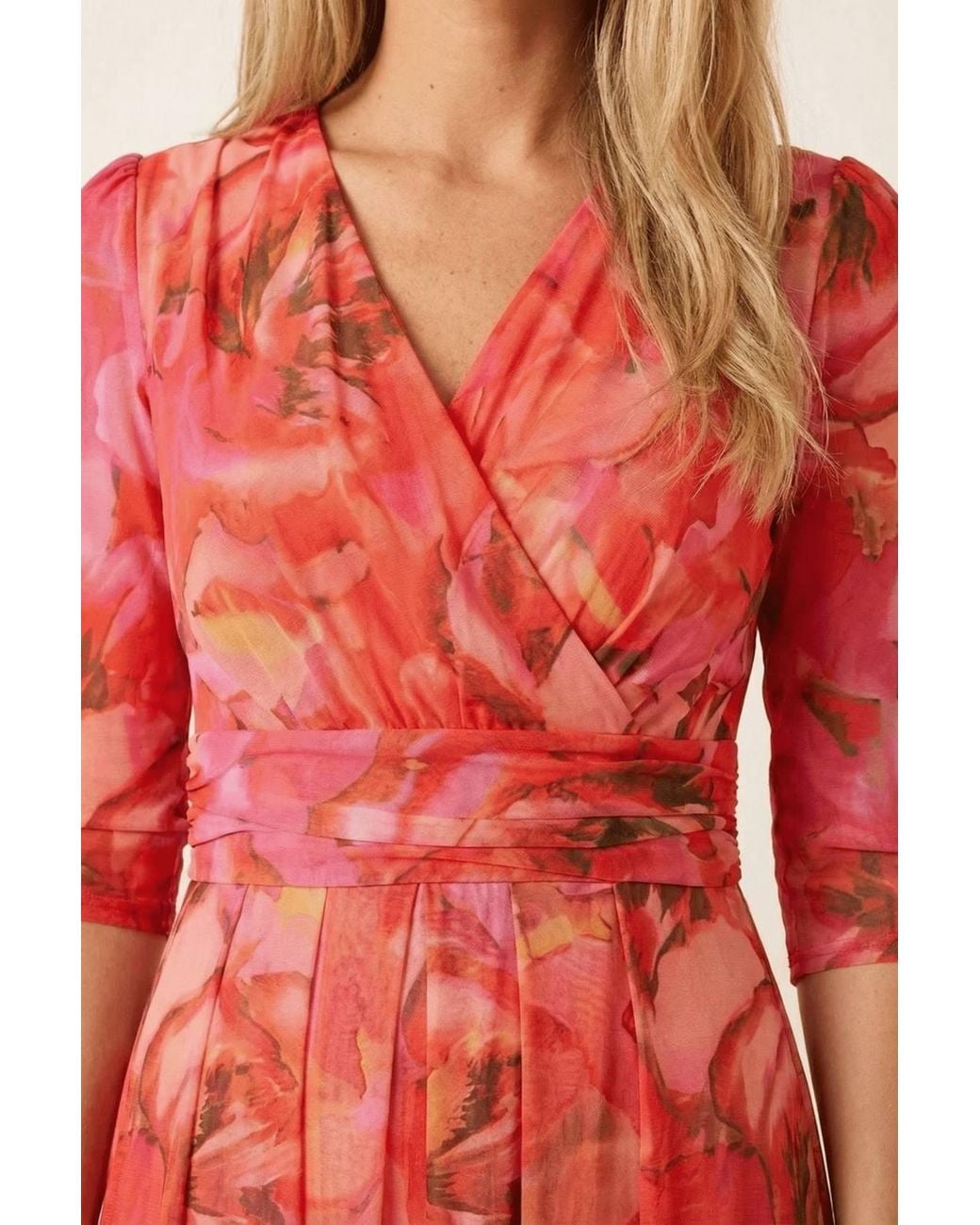 Style Cheat Red Printed Long Sleeve Mesh Wrap Midi Dress