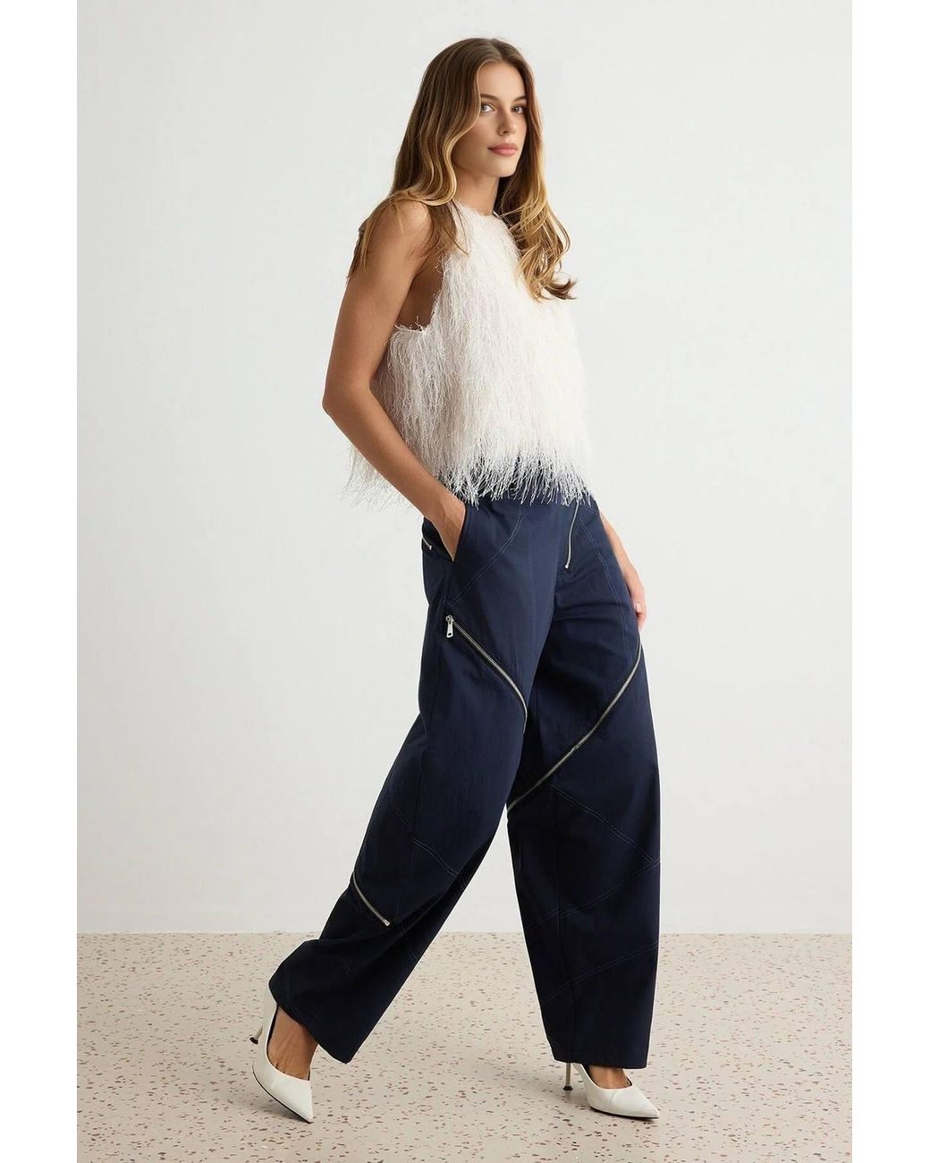 WOVCOR White Sleeveless Shimmer Fringe Detail Oversized Blouse