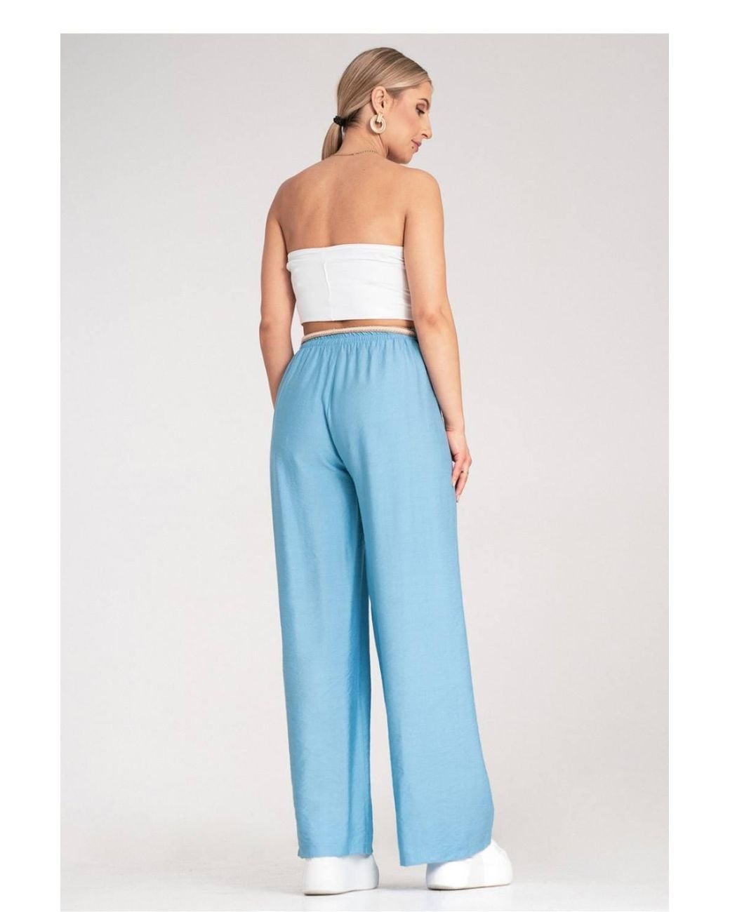 Love Lace Blue Boho Elastic Waist Trousers With Woven Belt