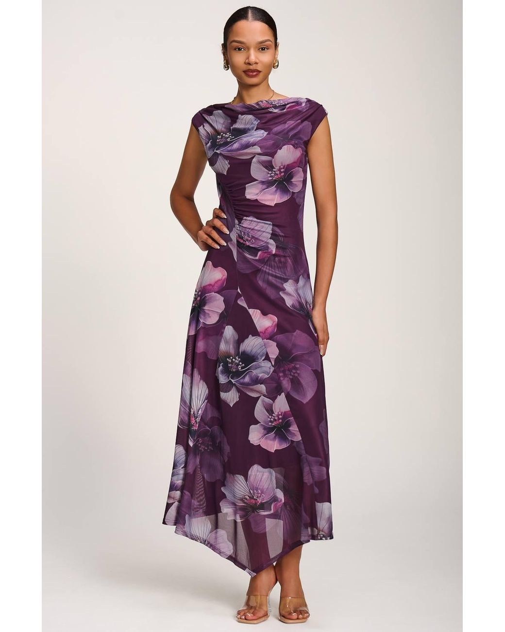 Jolie Moi Purple Asymmetric Draped Mesh Maxi Dress