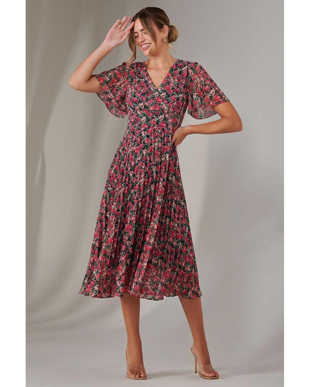 Jolie Moi Red Chiffon Pleated Wrap Midaxi Dress