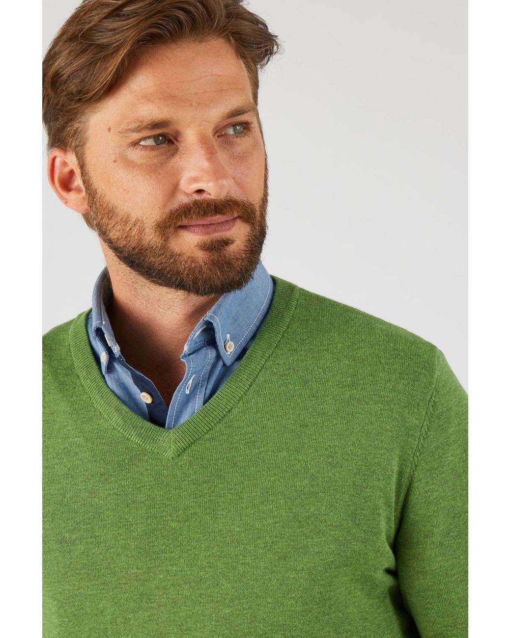 DAMART Green V-Neck Jumper Cotton Blend Regular Fit Long Sleeve for men