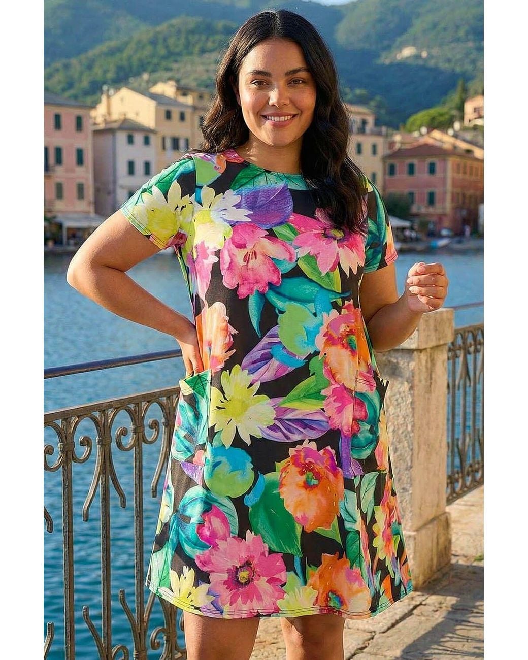 Roman Blue Curve Leaf Print Pocket Dress