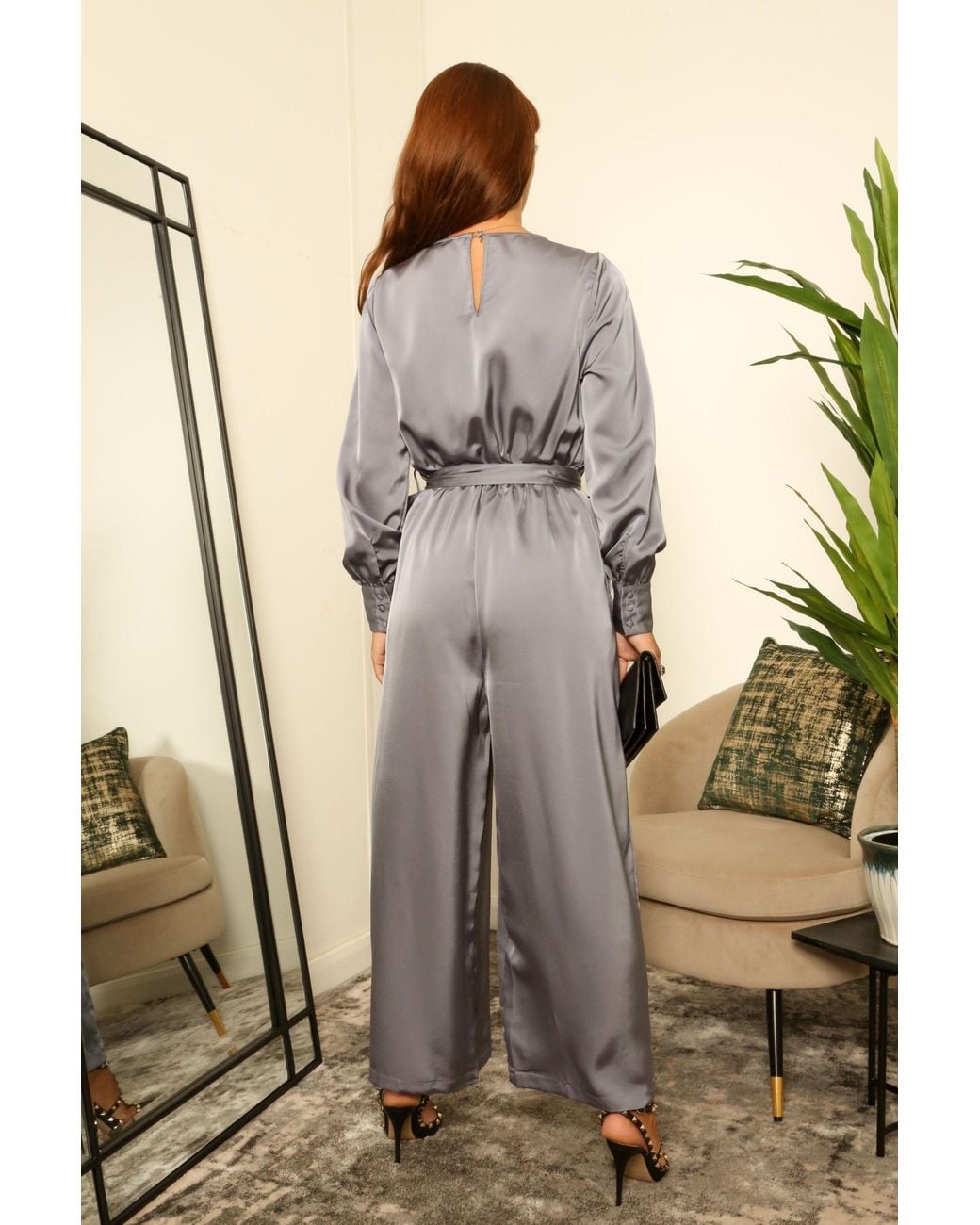 Double Second Gray Lux Satin Wrap Jumpsuit