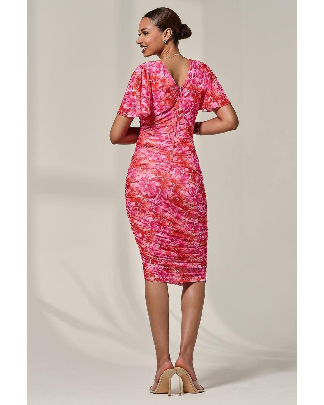 Jolie Moi Pink Angel Sleeved Floral Mesh Bodycon Dress