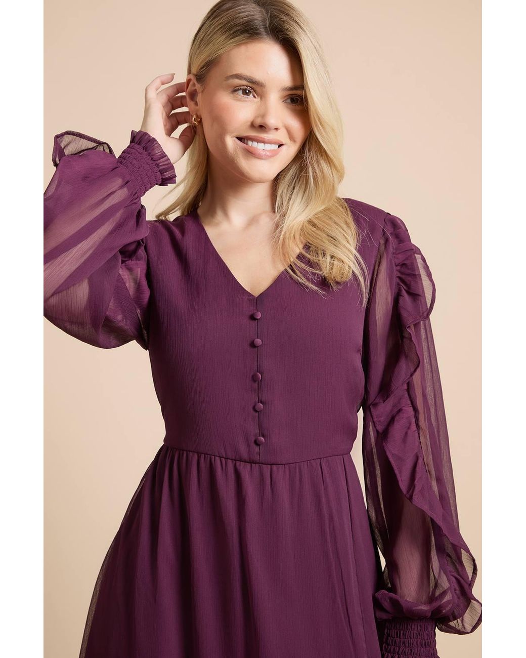Dorothy Perkins Purple Ruffle Sleeve V Neck Chiffon Maxi Dress