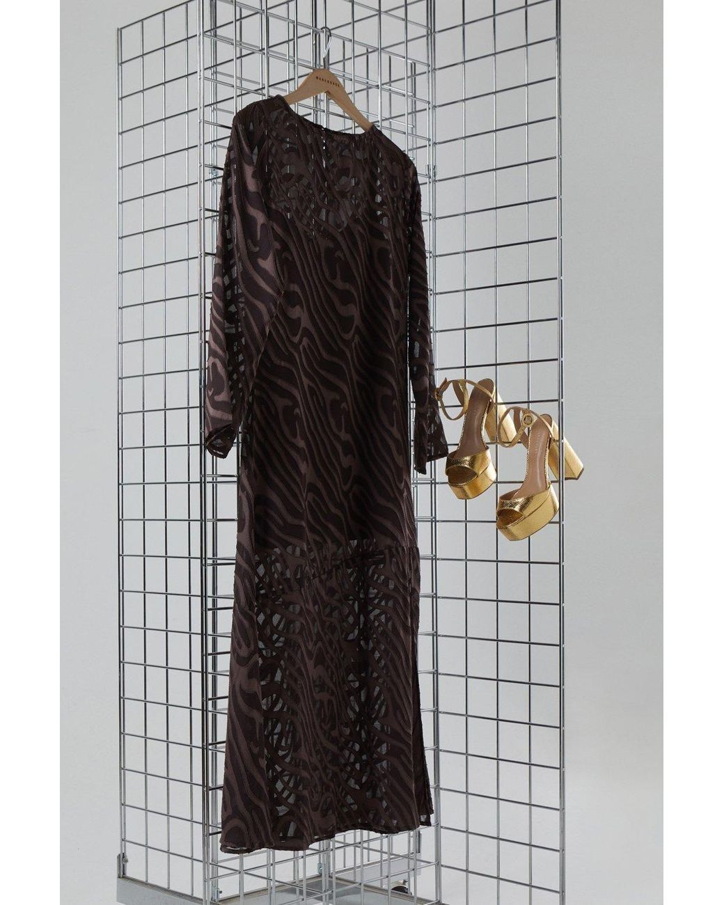 Warehouse Black Petite Burnout Chiffon Column Long Sleeve Maxi Dress
