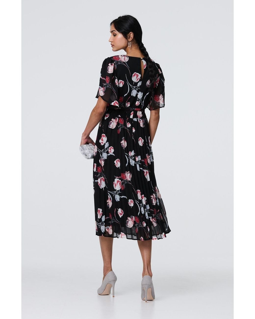 Izabel London White Floral Sheer 1/2 Sleeve Midi Wrap Dress