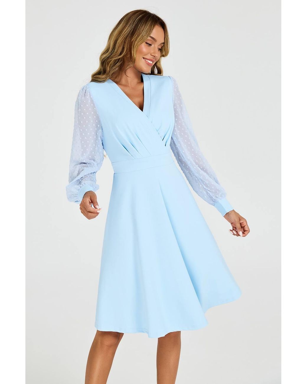 FS Collection Blue V Neck Midi Dress With Sheer Long Sleeve
