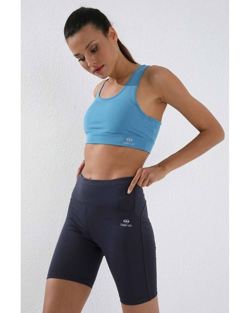 TOMMY LIFE Blue Short High-Waist Slim-Fit Sports Leggings