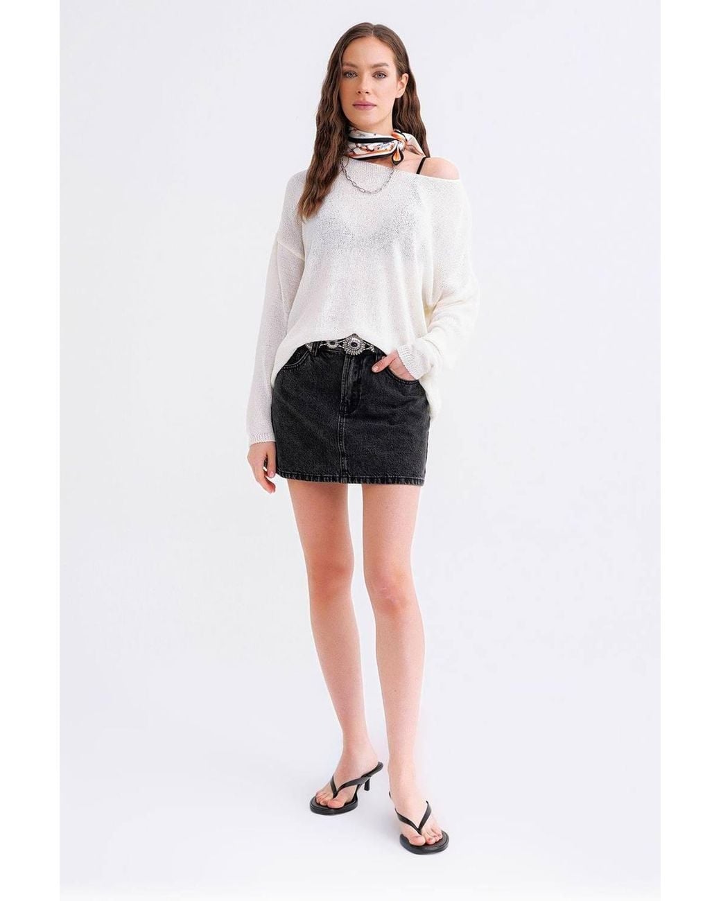MixRay White Oversized Boat Neck Knit Sweater