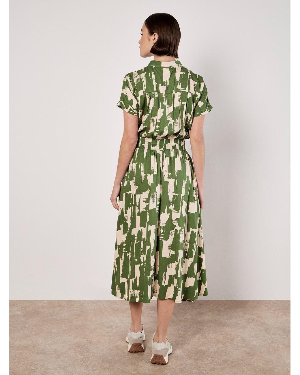Apricot Green Brushstroke Squares Utility Midi Dress