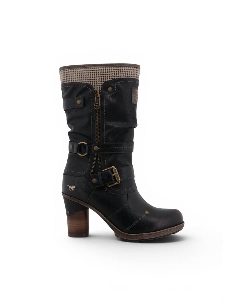 Infinity Leather Black Mustang Mid-Calf Heeled Long Boots