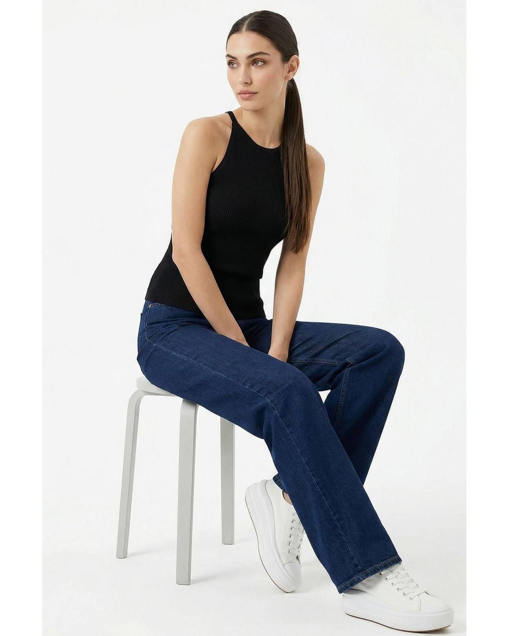 Bigdart Blue Ribbed Sleeveless Crew Neck Tank Top