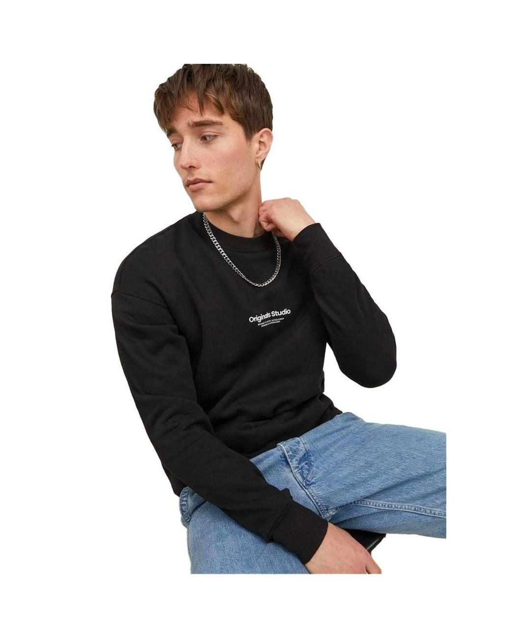 Jack & Jones Black Crew Neck Relaxed Fit Sweatshirt for men