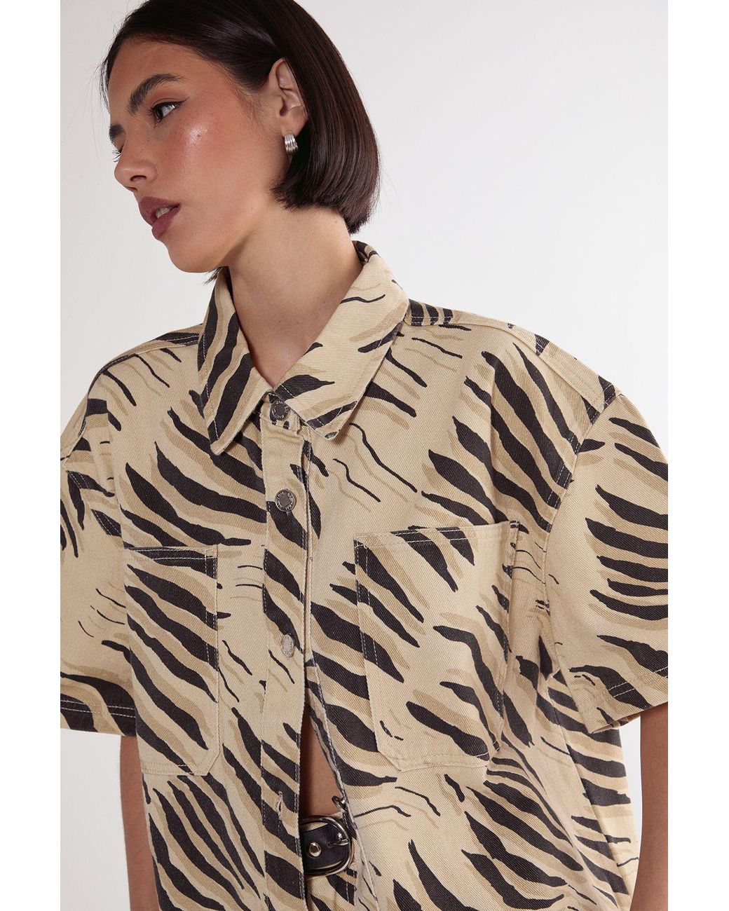 Nasty Gal Brown Tiger Print Short Sleeve Denim Shirt