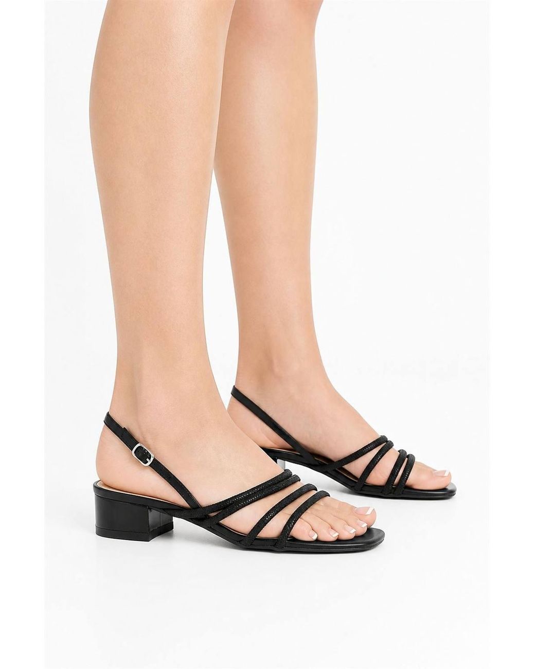 Miss Diva Black Aisha Diamante Strappy Low Block Heel Anklestrap Sandals