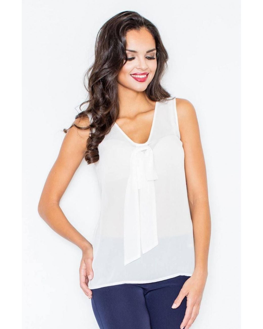 Love Lace White Airy Sleeveless Tie Blouse With Halfround Neck