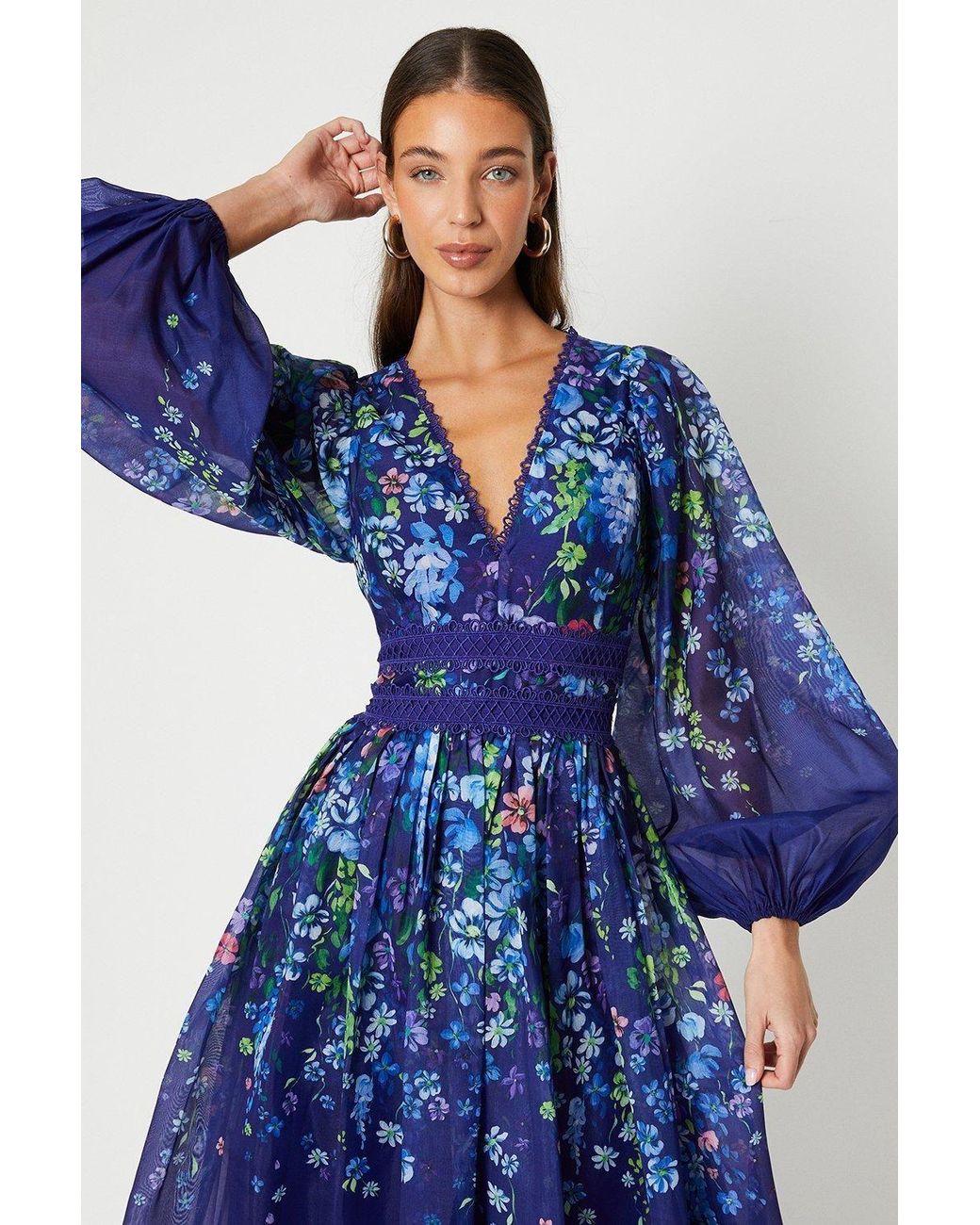 Coast Blue Organza Floral Placement Lace Trim Midaxi Dress