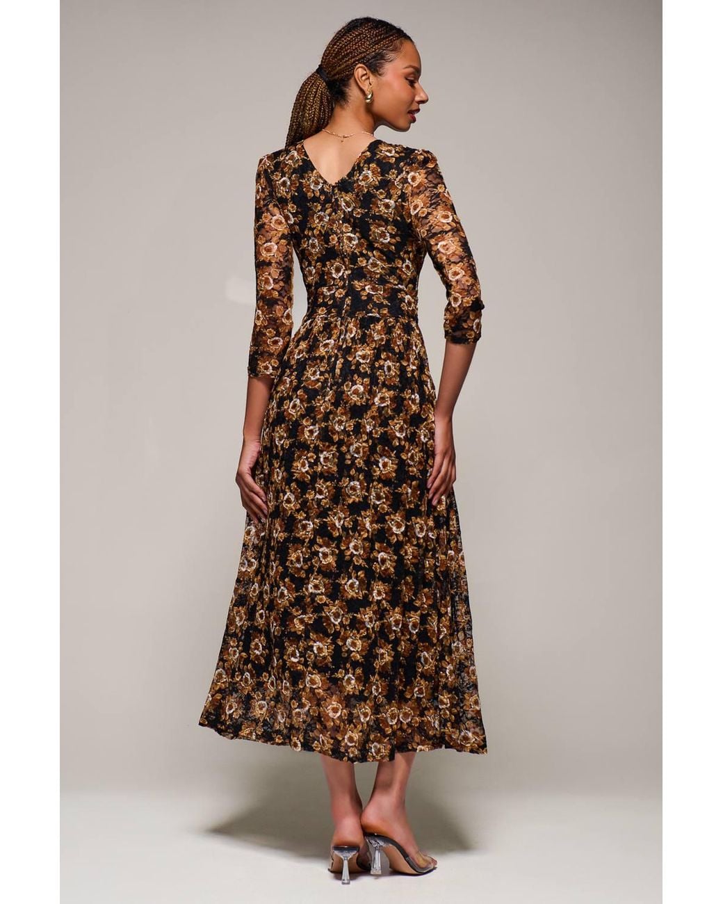 Jolie Moi Brown Three Quarter Sleeve Printed Lace Maxi Dress