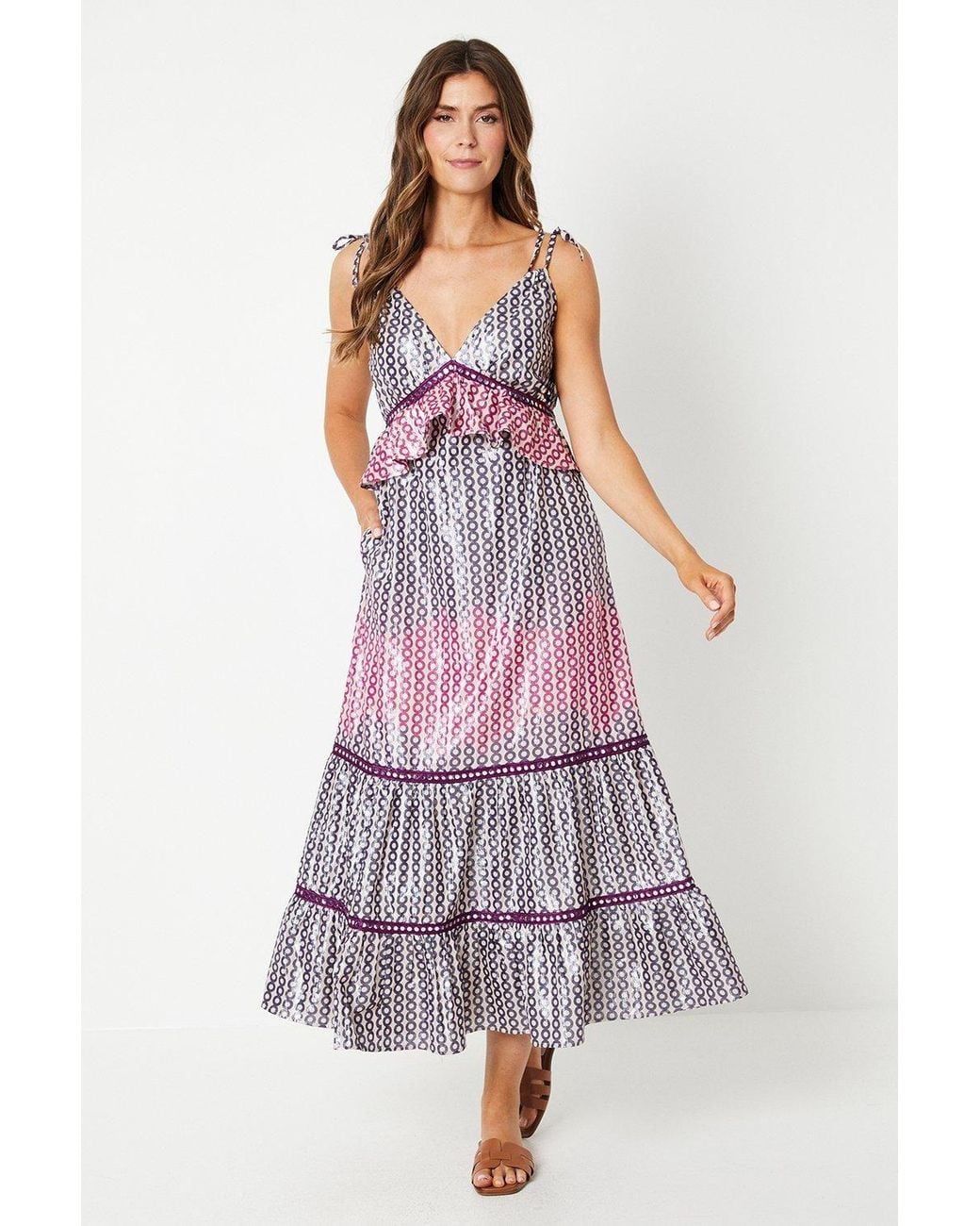 Wallis Purple Metallic Strappy Tie Shoulder Midi Dress