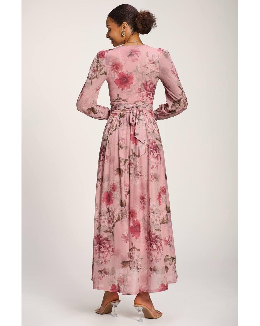 Jolie Moi Pink Long Sleeve V Neck Mesh Maxi Dress
