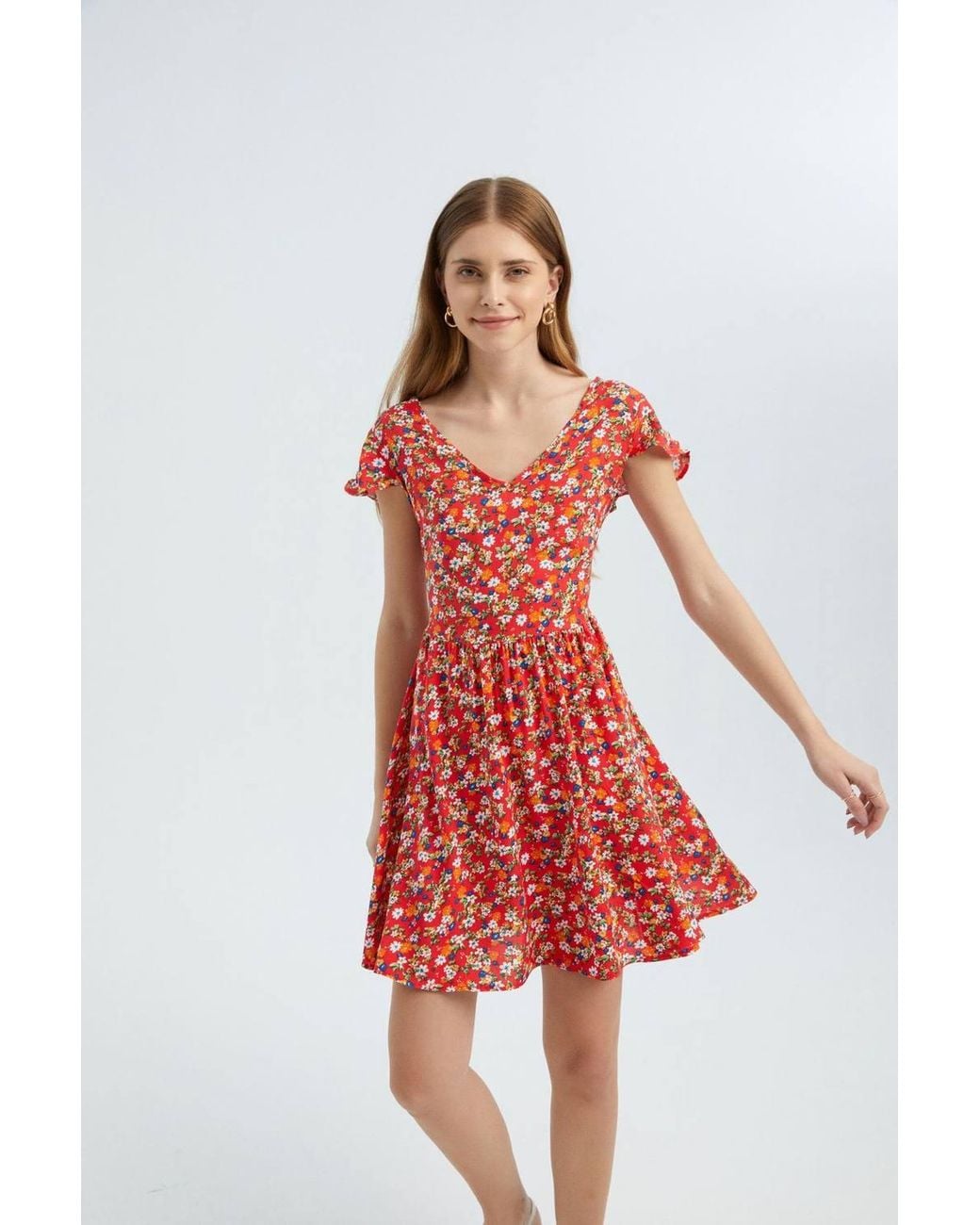 Hiccup Red Floral V Neck Short Sleeve Mini Dress
