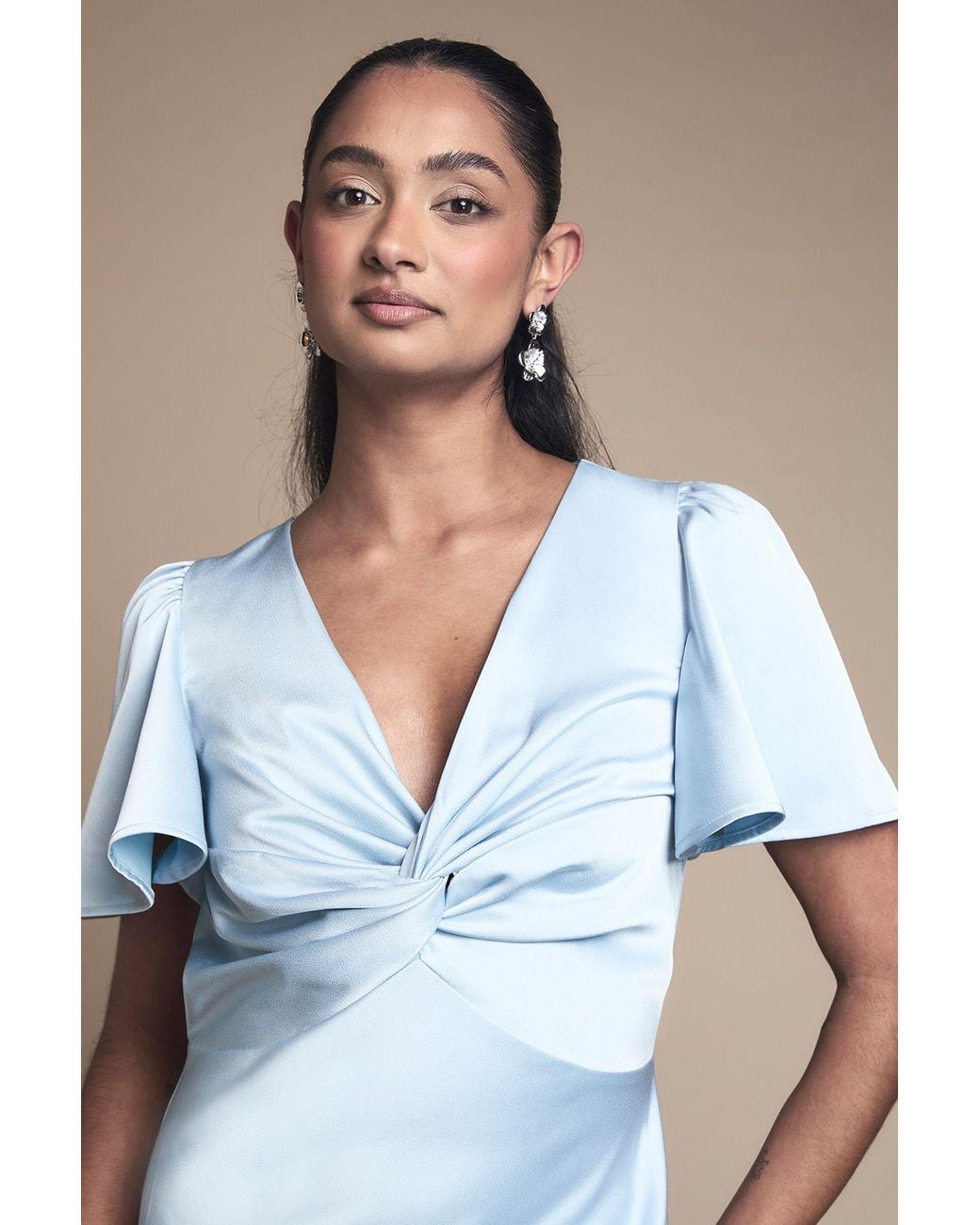 Oasis Blue Satin Twist Front Angel Sleeve Midi Bridesmaid Dress