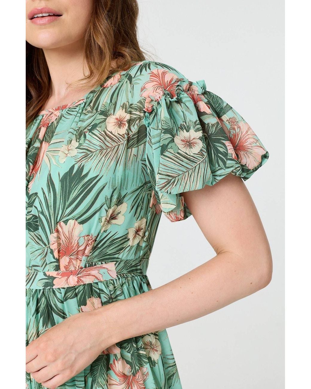 Izabel London Green Tropical Print Frill Tiered Midi Dress