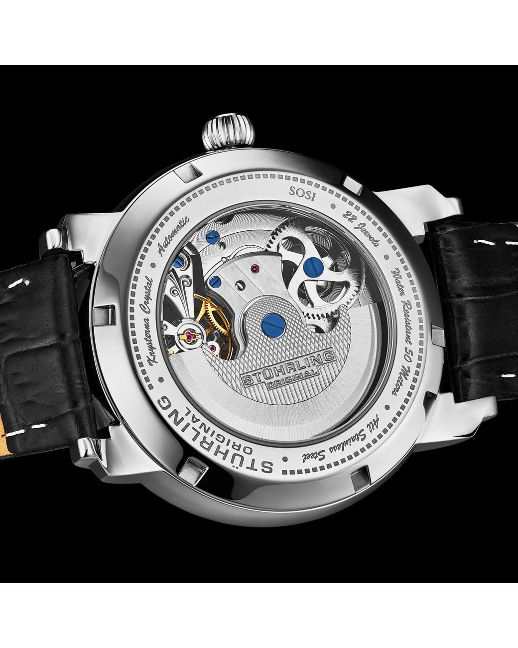 Stuhrling Metallic Celestial Timekeeper 1017 Dual Time Automatic 44Mm Skeleton Watch for men