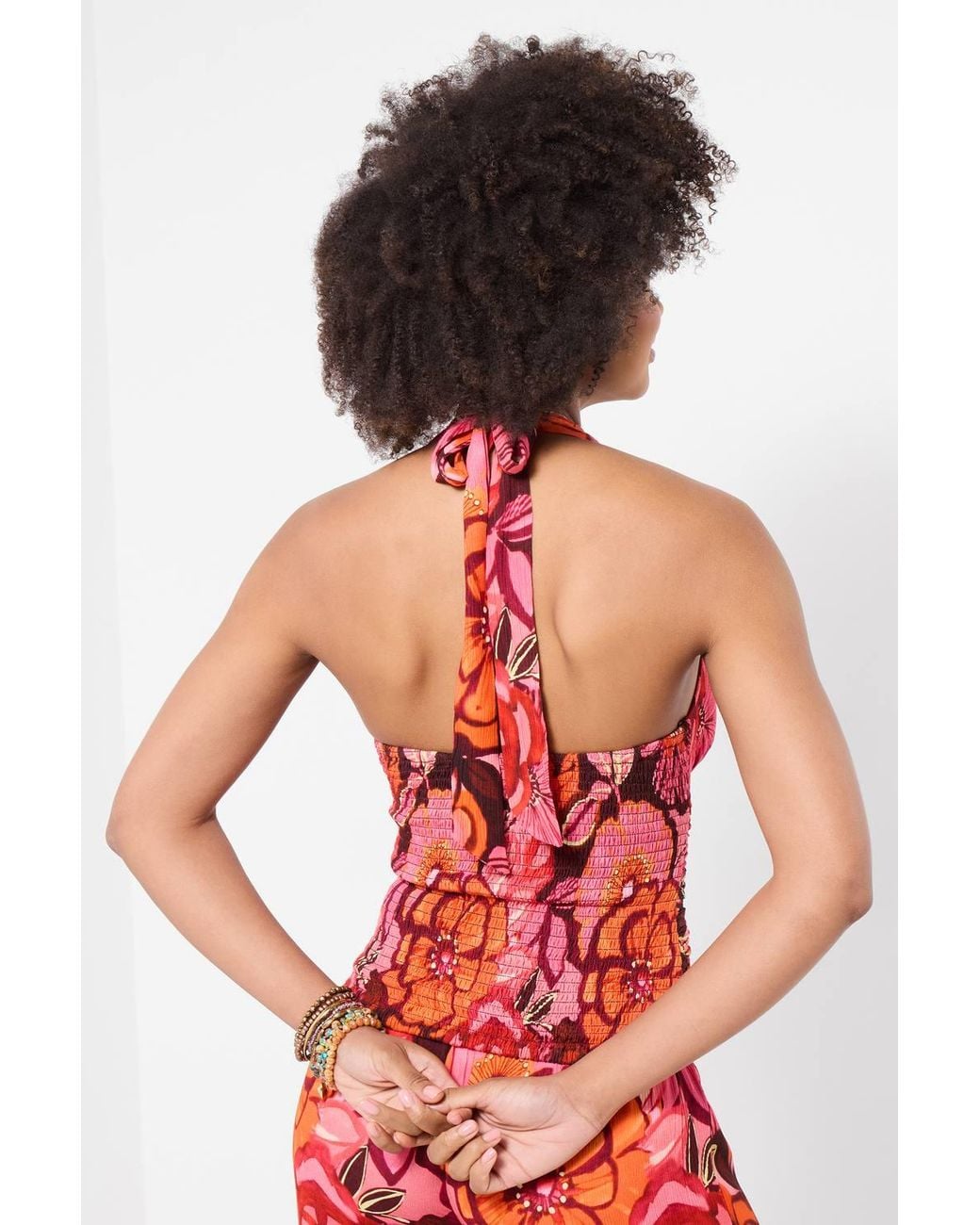 Joe Browns White Floral Halter Top With Pompom Trim & Shirred Back