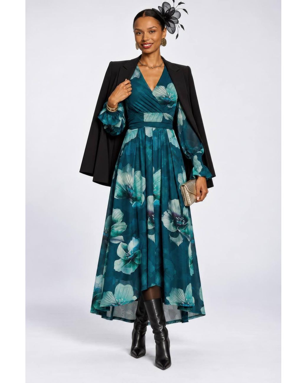 Jolie Moi Blue Long Sleeve V Neck Mesh Maxi Dress